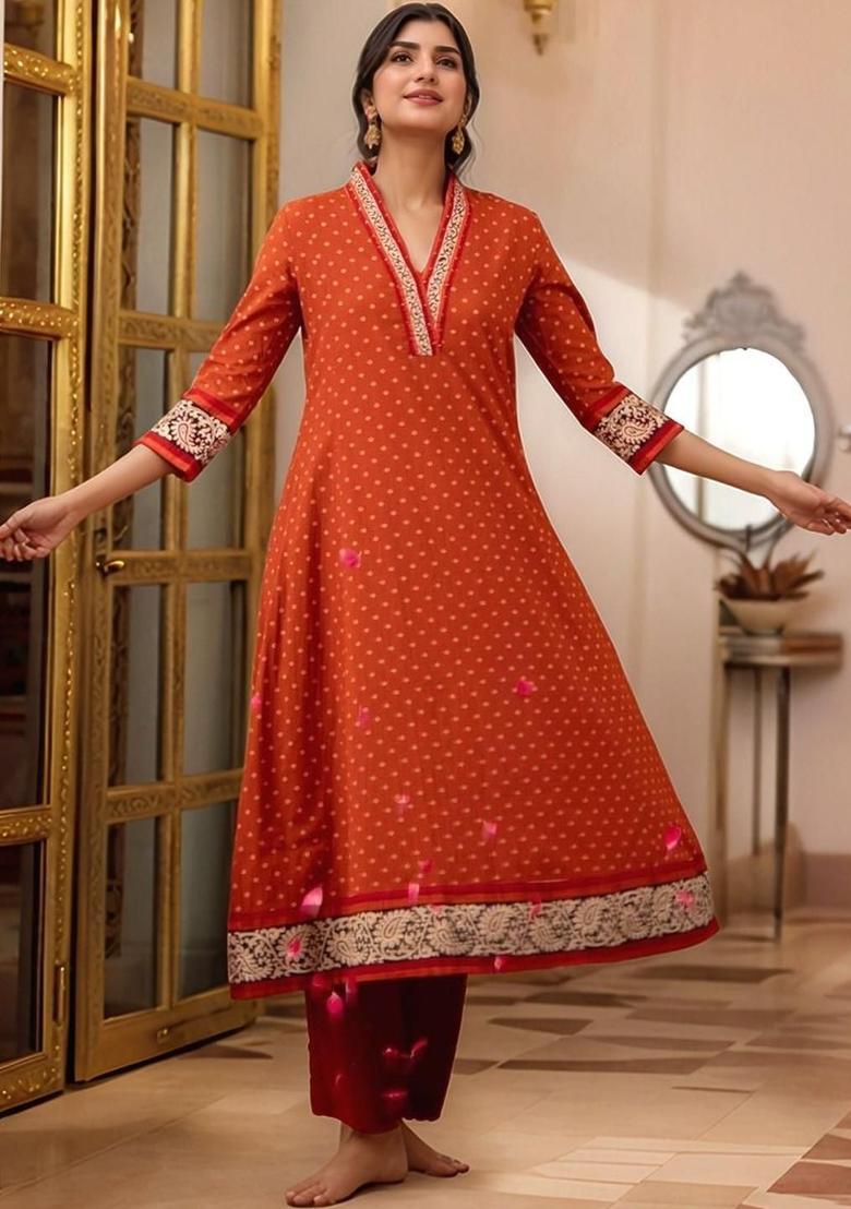 Orange Printed Viscose Kurta Set - Indya