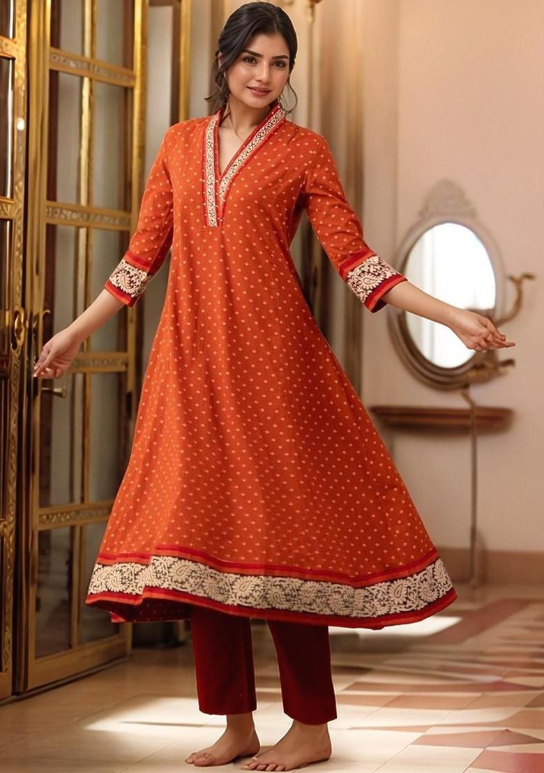Orange Printed Viscose Kurta Set - Indya