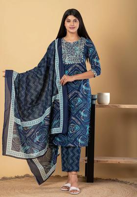 Navy Blue Printed Cotton Kurta Set