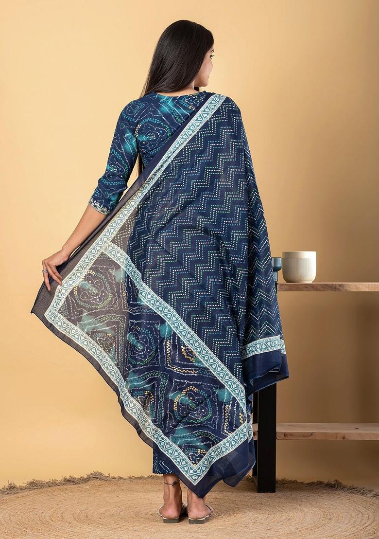 Navy Blue Printed Cotton Kurta Set - Indya