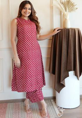 Red Printed Viscose Kurta Set