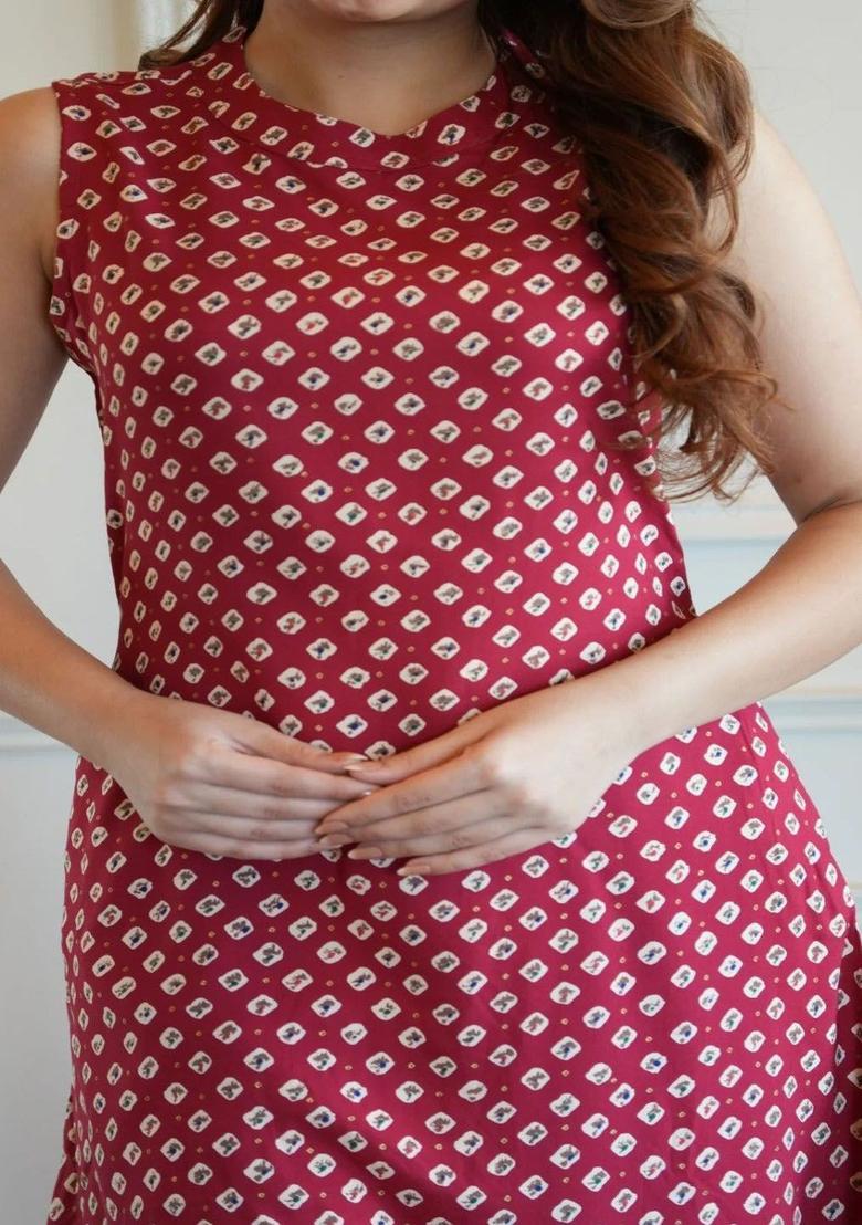 Red Printed Viscose Kurta Set - Indya