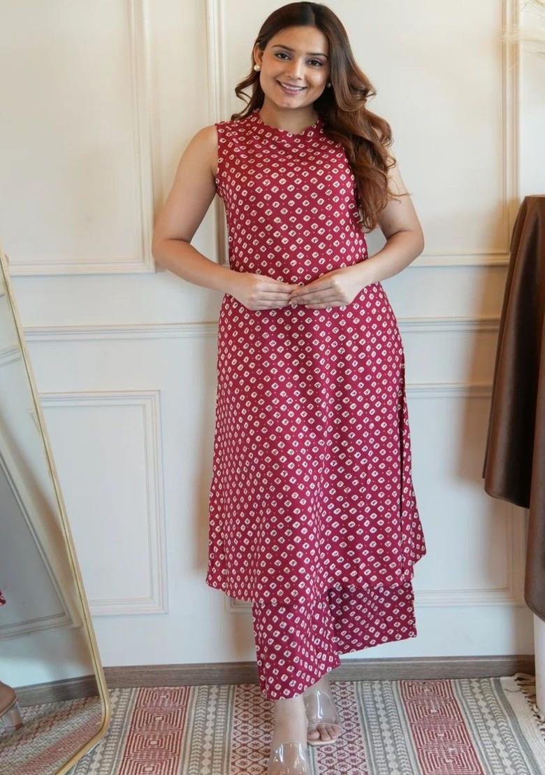 Red Printed Viscose Kurta Set - Indya