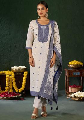 Blue Woven Design Tissue Kurta Set