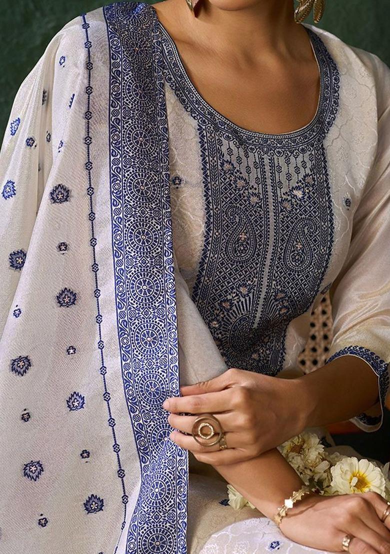 Blue Woven Design Tissue Kurta Set - Indya