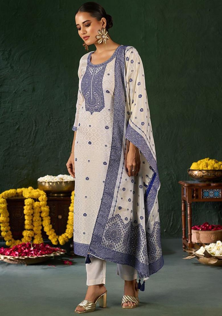 Blue Woven Design Tissue Kurta Set - Indya