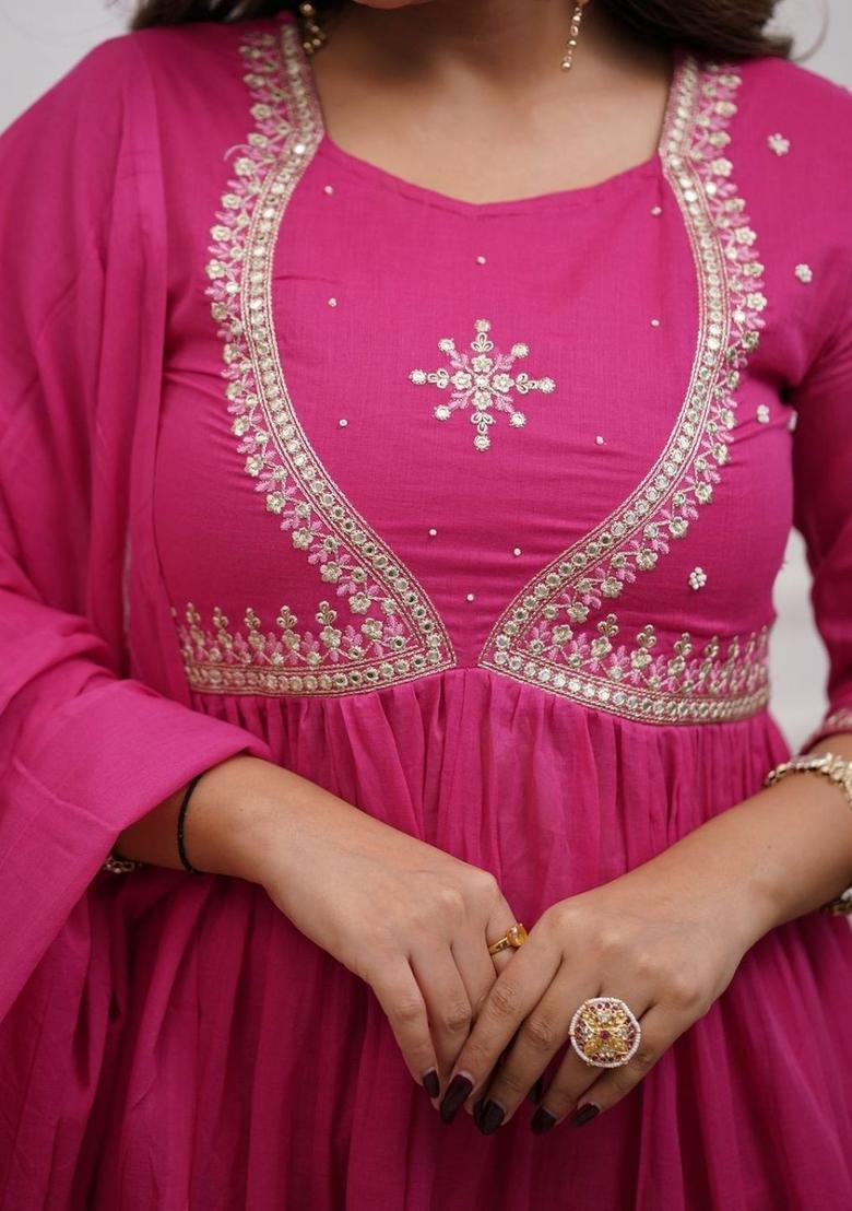 Pink Embroidered Silk Kurta Set - Indya