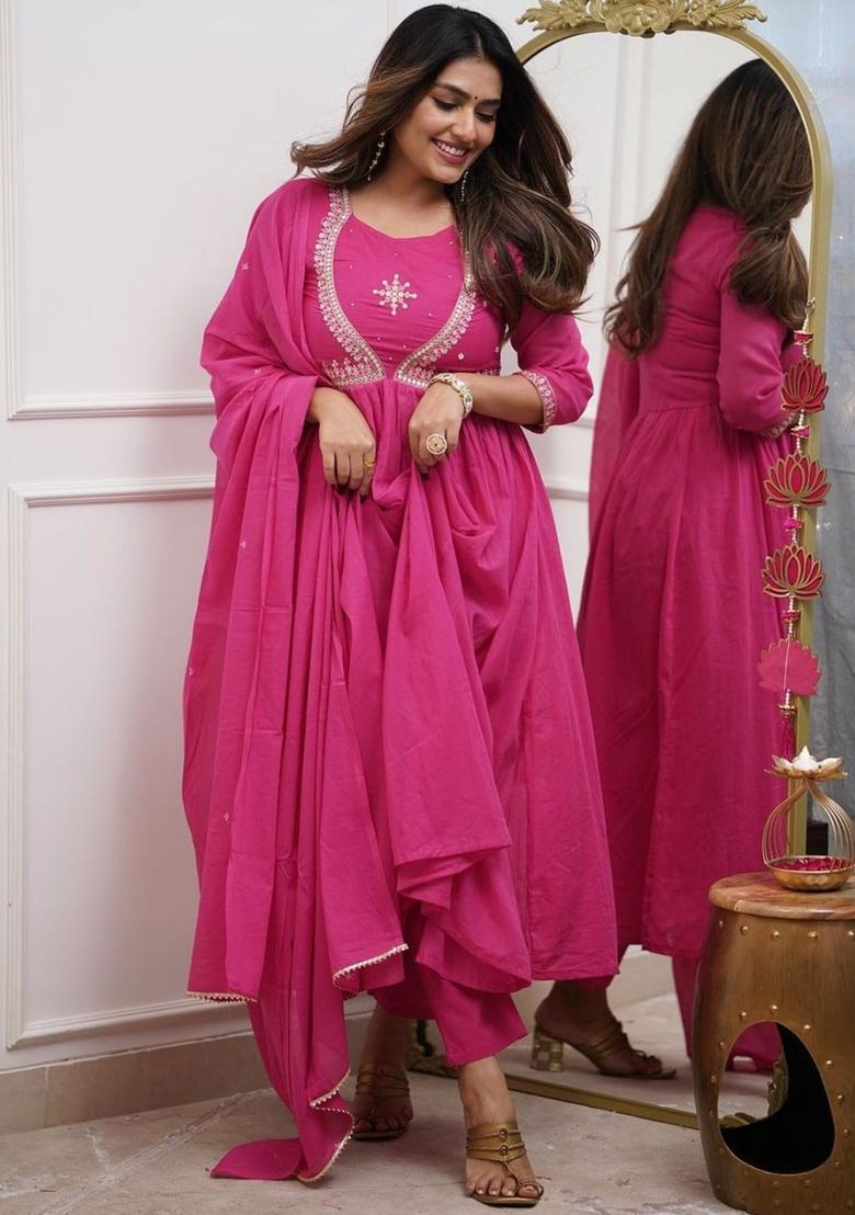 Pink Embroidered Silk Kurta Set - Indya