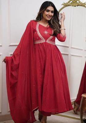 Red Embroidered Silk Kurta Set