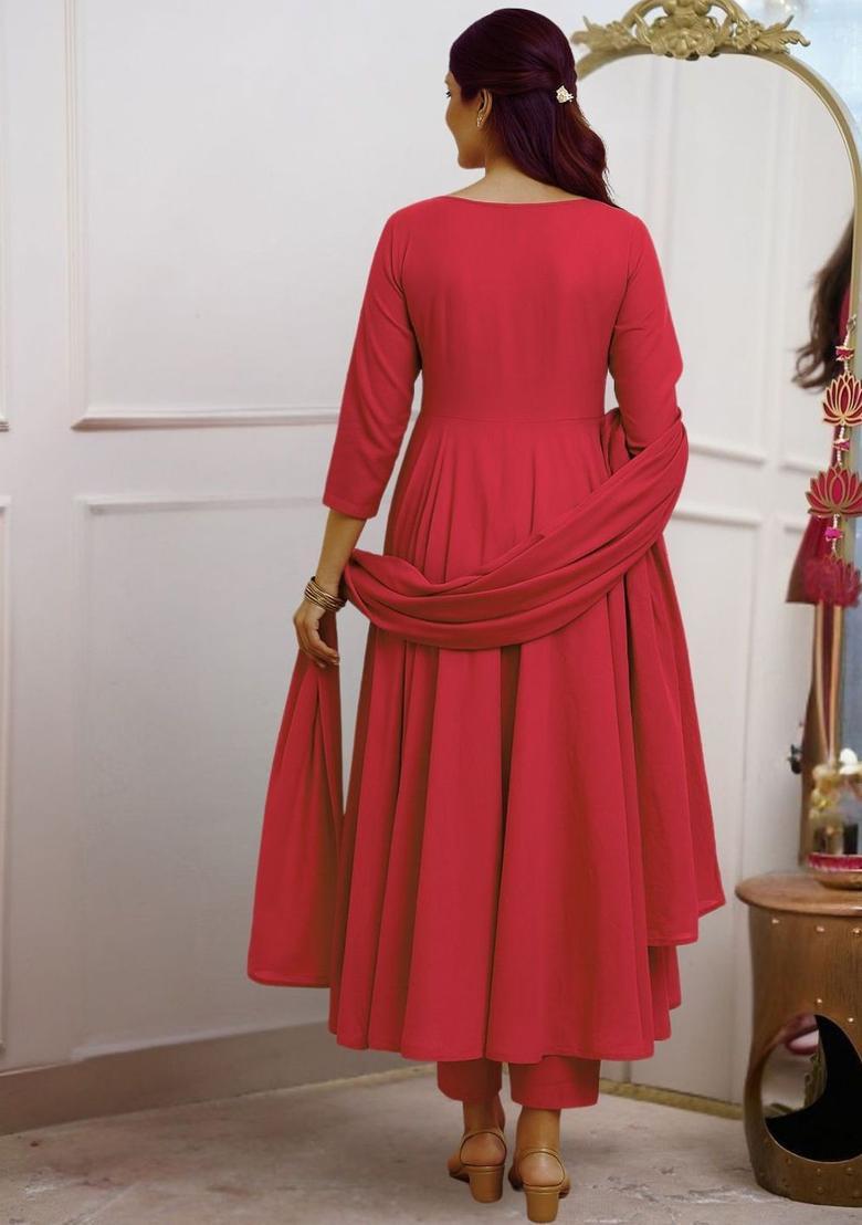 Red Embroidered Silk Kurta Set - Indya