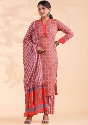 Orange Printed Cotton Kurta Set