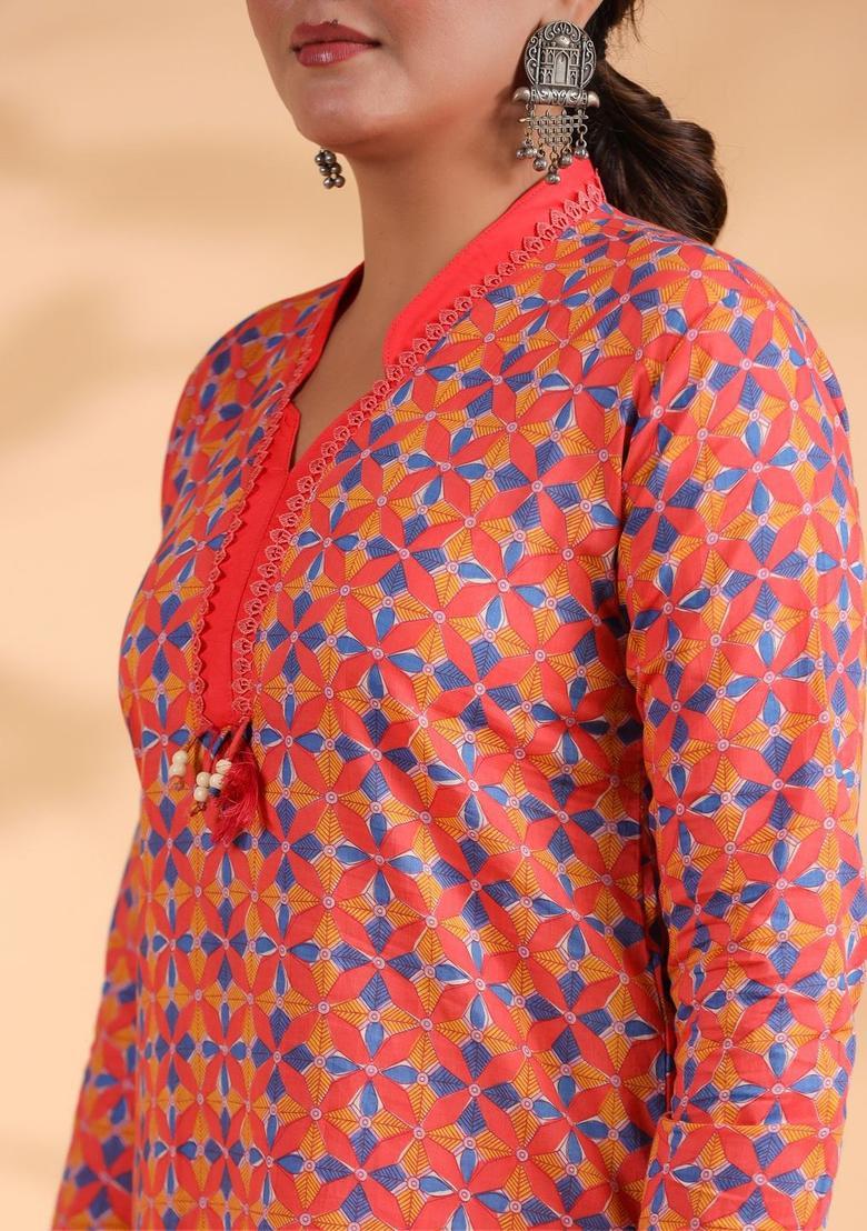 Orange Printed Cotton Kurta Set - Indya