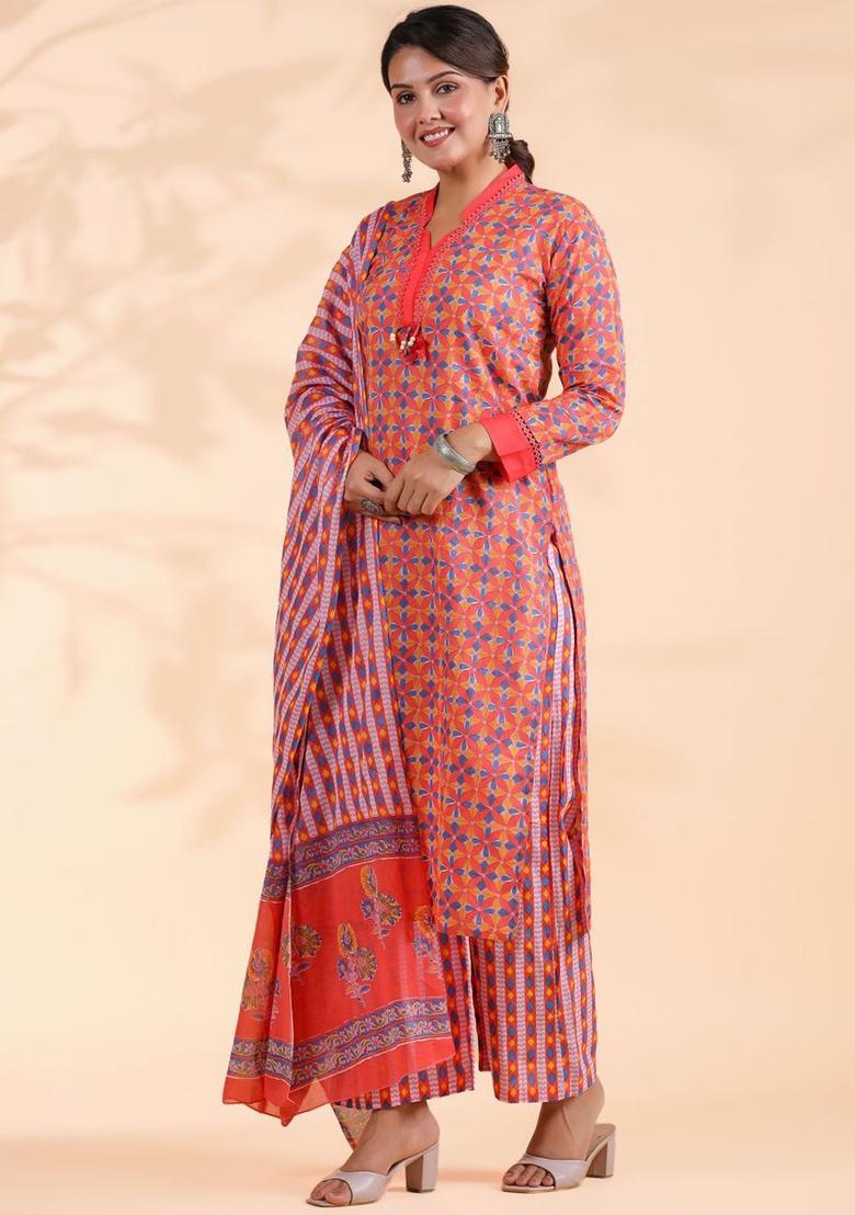 Orange Printed Cotton Kurta Set - Indya