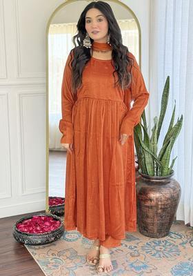 Rust Solid Silk Kurta Set
