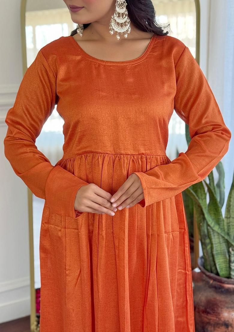 Rust Solid Silk Kurta Set - Indya