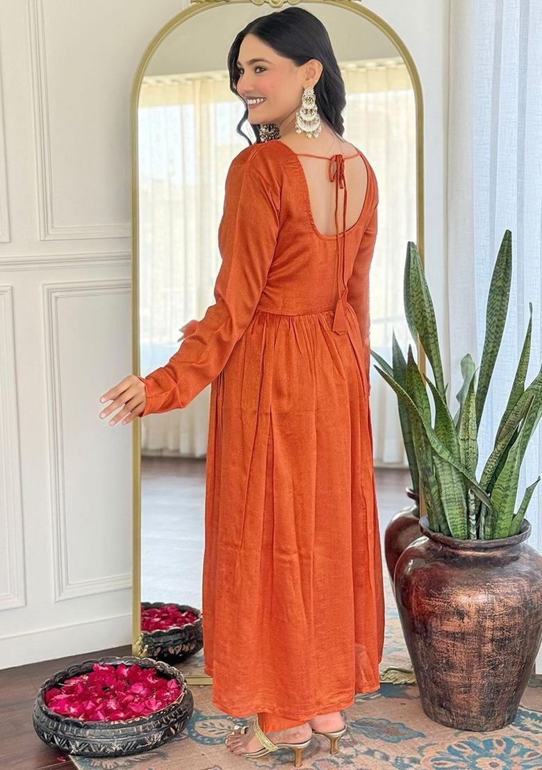 Rust Solid Silk Kurta Set - Indya