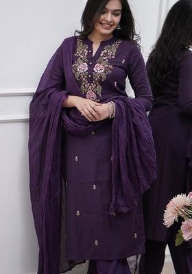 Purple Embroidered Viscose Kurta Set