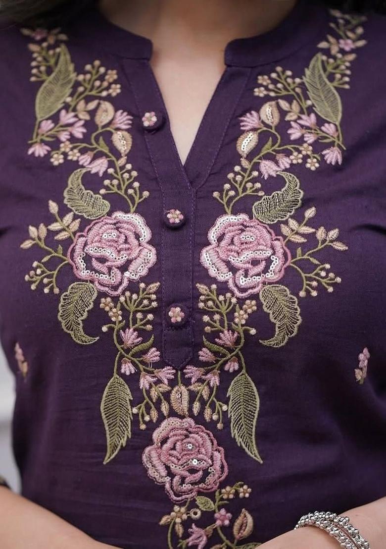 Purple Embroidered Viscose Kurta Set - Indya
