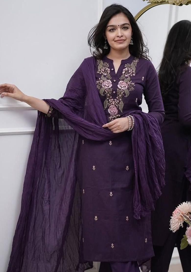 Purple Embroidered Viscose Kurta Set - Indya