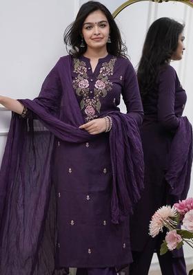 Purple Embroidered Viscose Kurta Set