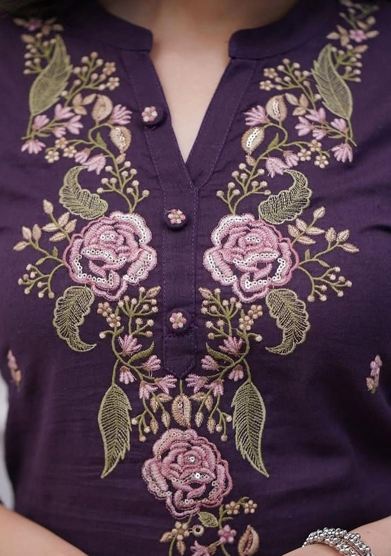 Purple Embroidered Viscose Kurta Set - Indya