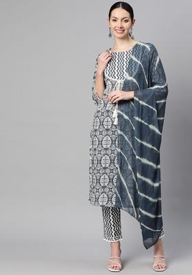 Grey Printed Cotton Kurta Set