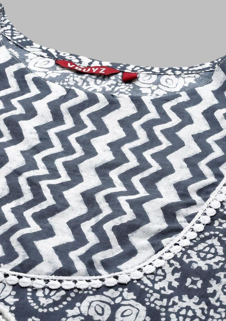 Grey Printed Cotton Kurta Set - Indya