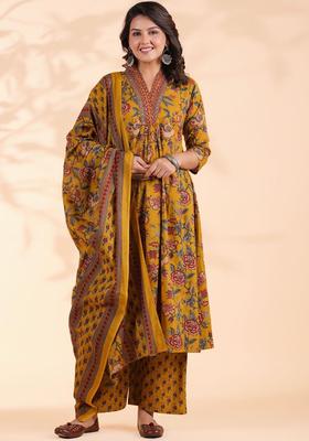 Mustard Printed Cotton Kurta Set