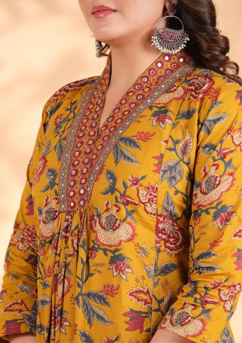 Mustard Printed Cotton Kurta Set - Indya
