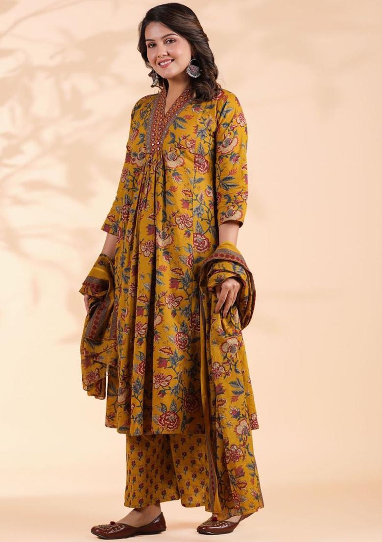 Mustard Printed Cotton Kurta Set - Indya
