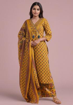 Mustard Printed Cotton Kurta Set