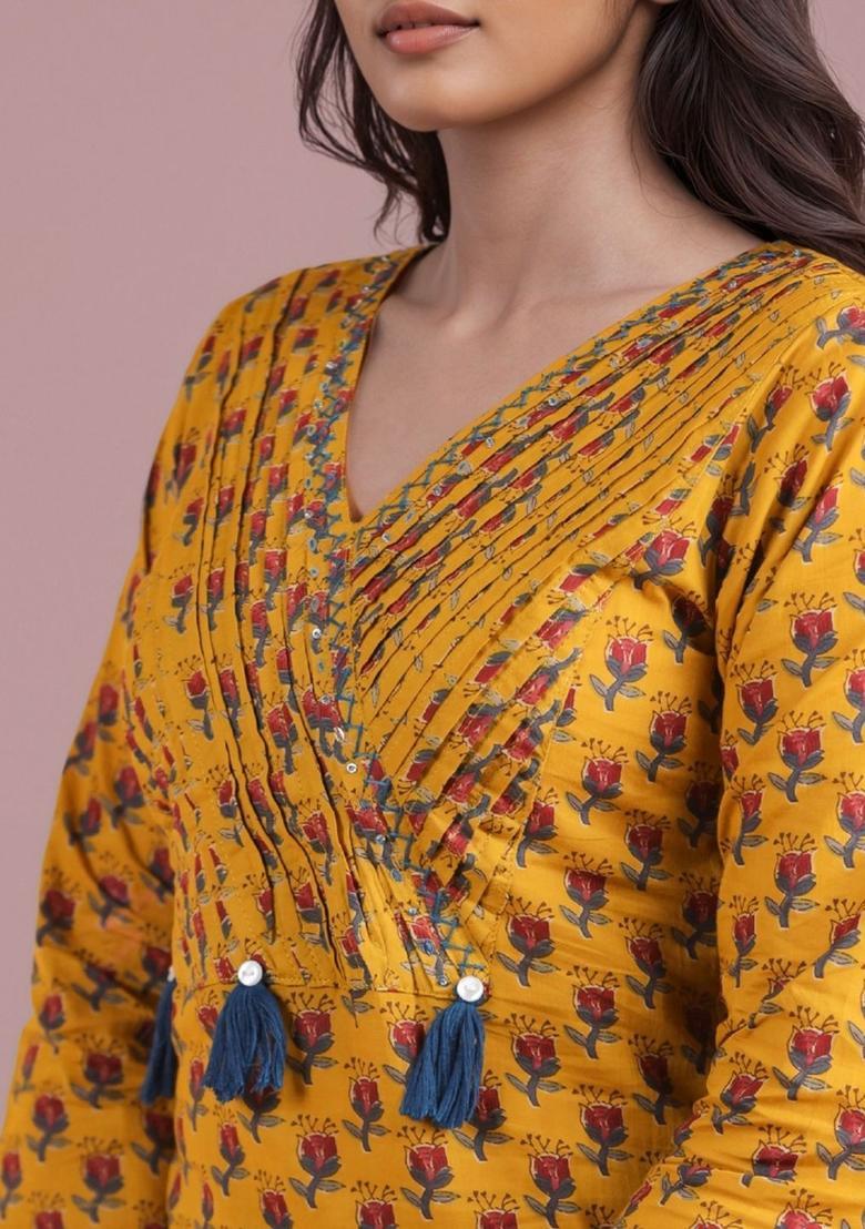 Mustard Printed Cotton Kurta Set - Indya