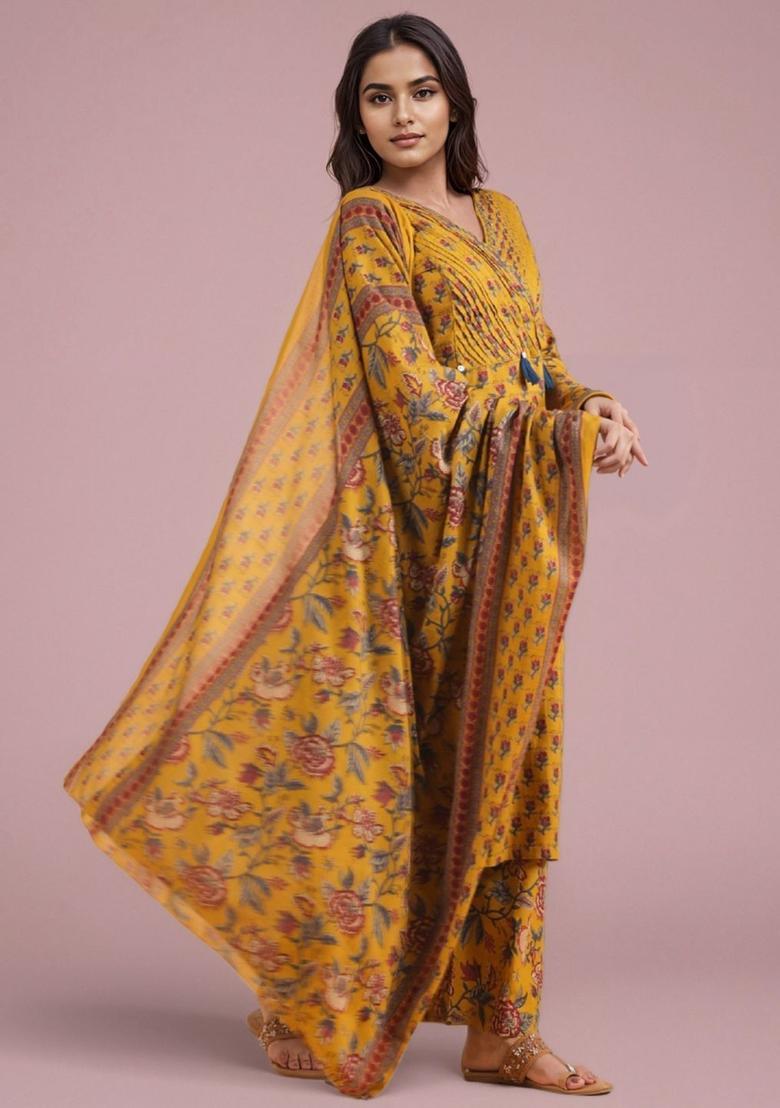 Mustard Printed Cotton Kurta Set - Indya
