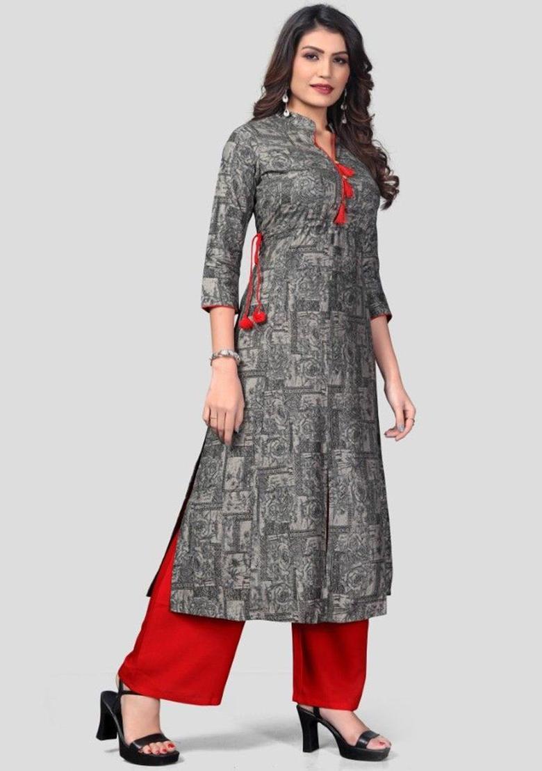 Grey Printed Viscose Kurta Set - Indya