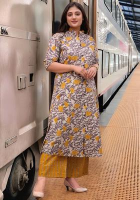 Mustard Printed Viscose Kurta Set