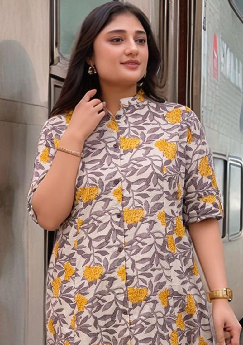 Mustard Printed Viscose Kurta Set - Indya