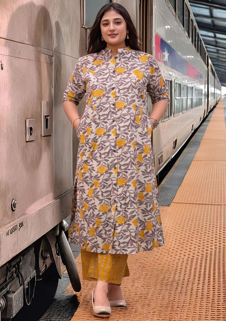 Mustard Printed Viscose Kurta Set - Indya