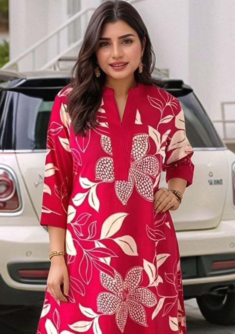 Pink Printed Viscose Kurta Set - Indya