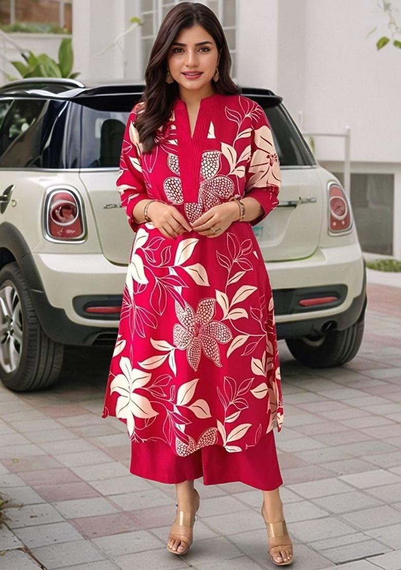 Pink Printed Viscose Kurta Set - Indya