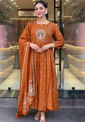 Rust Printed Viscose Kurta Set