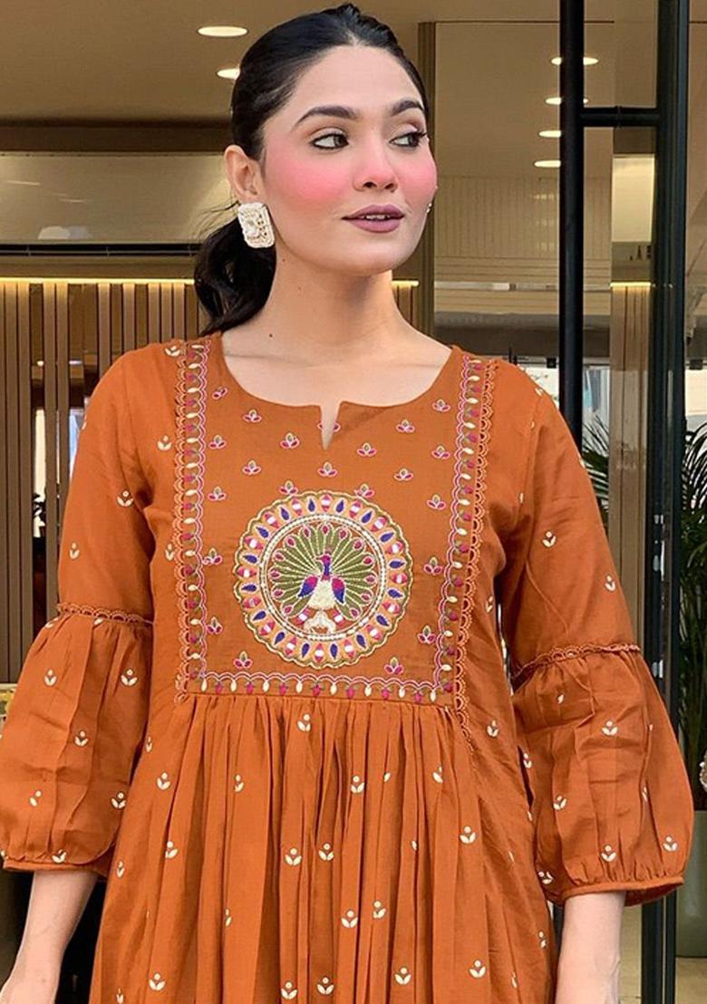 Rust Printed Viscose Kurta Set - Indya