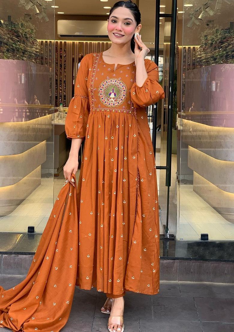 Rust Printed Viscose Kurta Set - Indya