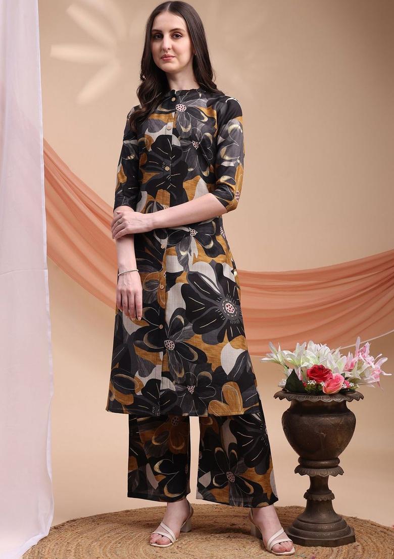 Black Printed Silk Kurta Set - Indya
