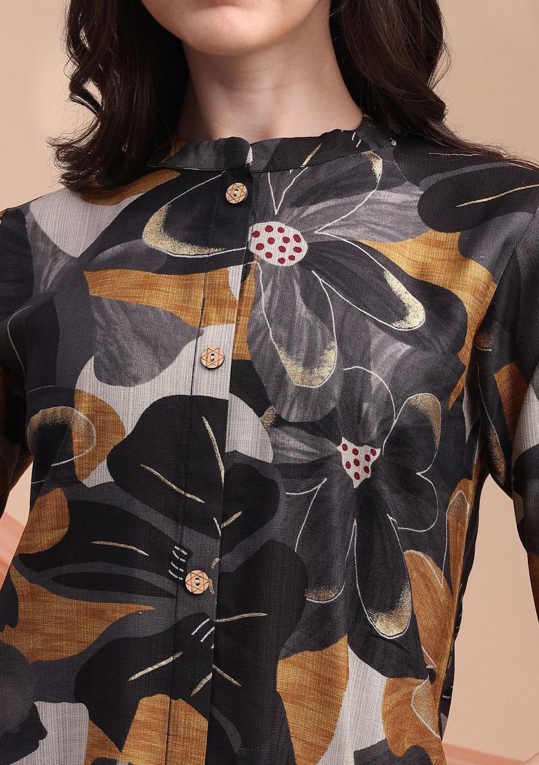 Black Printed Silk Kurta Set - Indya