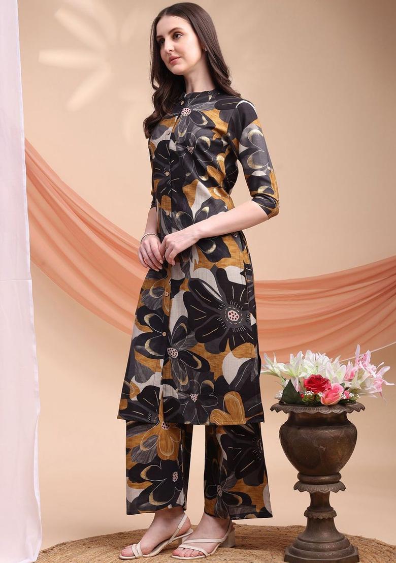 Black Printed Silk Kurta Set - Indya