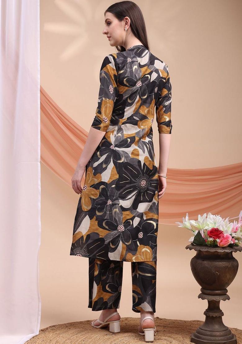 Black Printed Silk Kurta Set - Indya