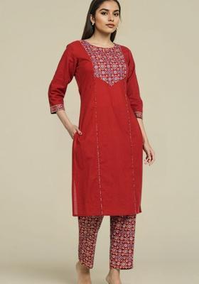 Maroon Printed Cotton Kurta Set