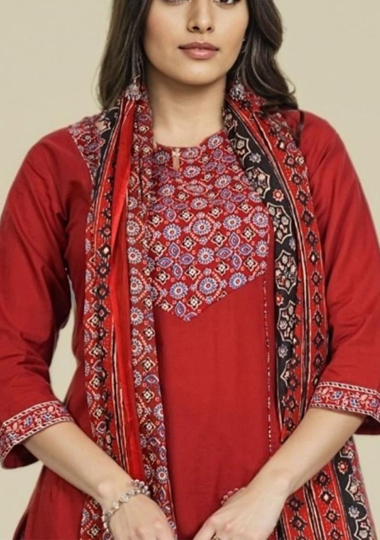 Maroon Printed Cotton Kurta Set - Indya