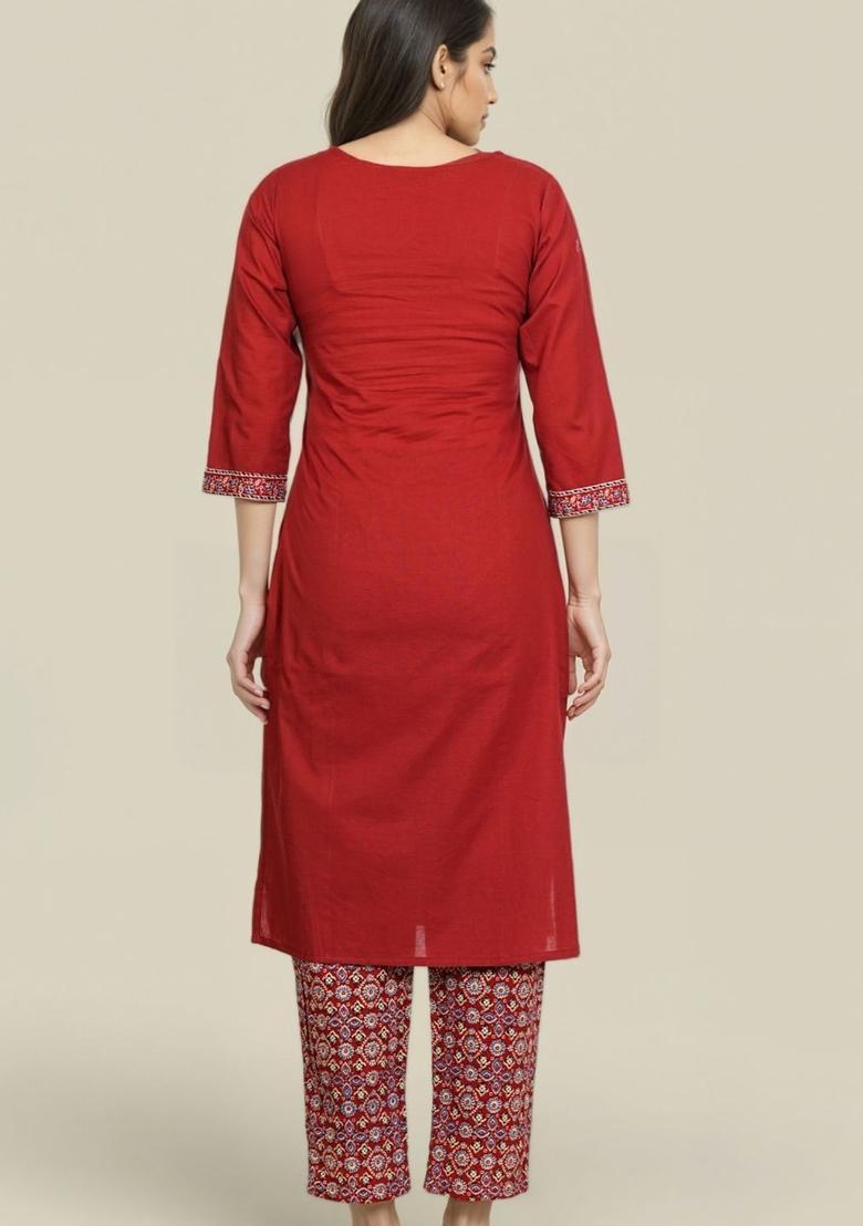 Maroon Printed Cotton Kurta Set - Indya