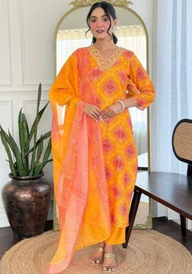 Yellow Printed Viscose Kurta Set